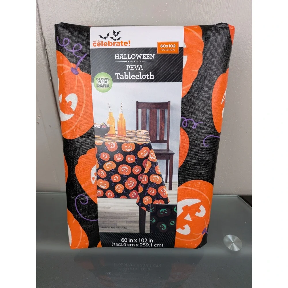Way To Celebrate Halloween Glow In The Dark Pumpkin PEVA Tablecloth 60x102 Black